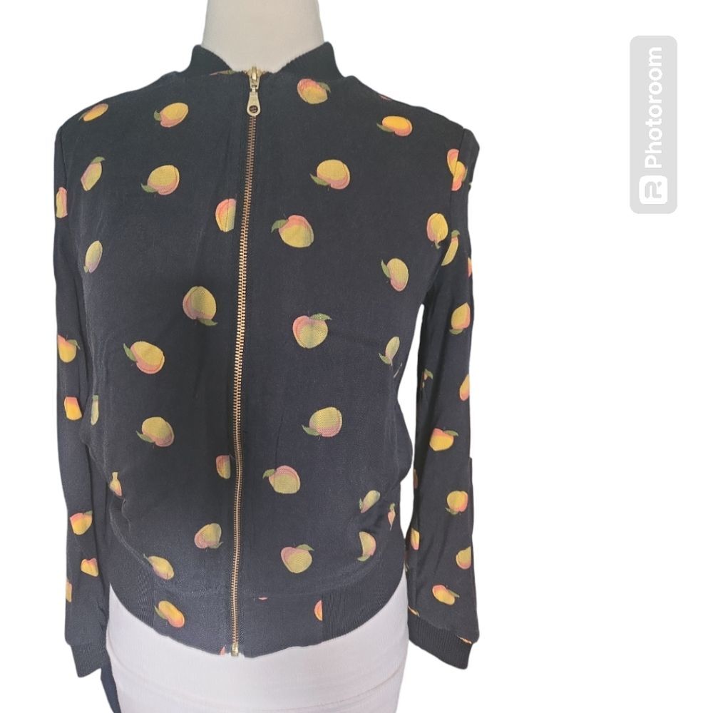 Alternative Women's Peach 🍑 Fruit Print Bomber Jacket - Black - Size M